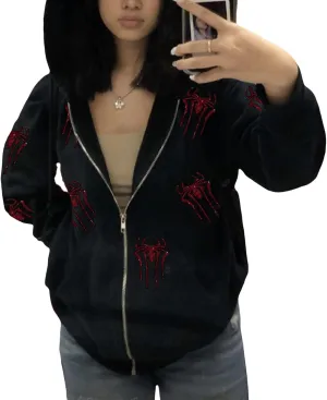 Women Y2K Spider Web Hoodies Punk Jackets Streetwear Goth Harajuku Oversized Vintage Graphic Full Zip Up Hoodie