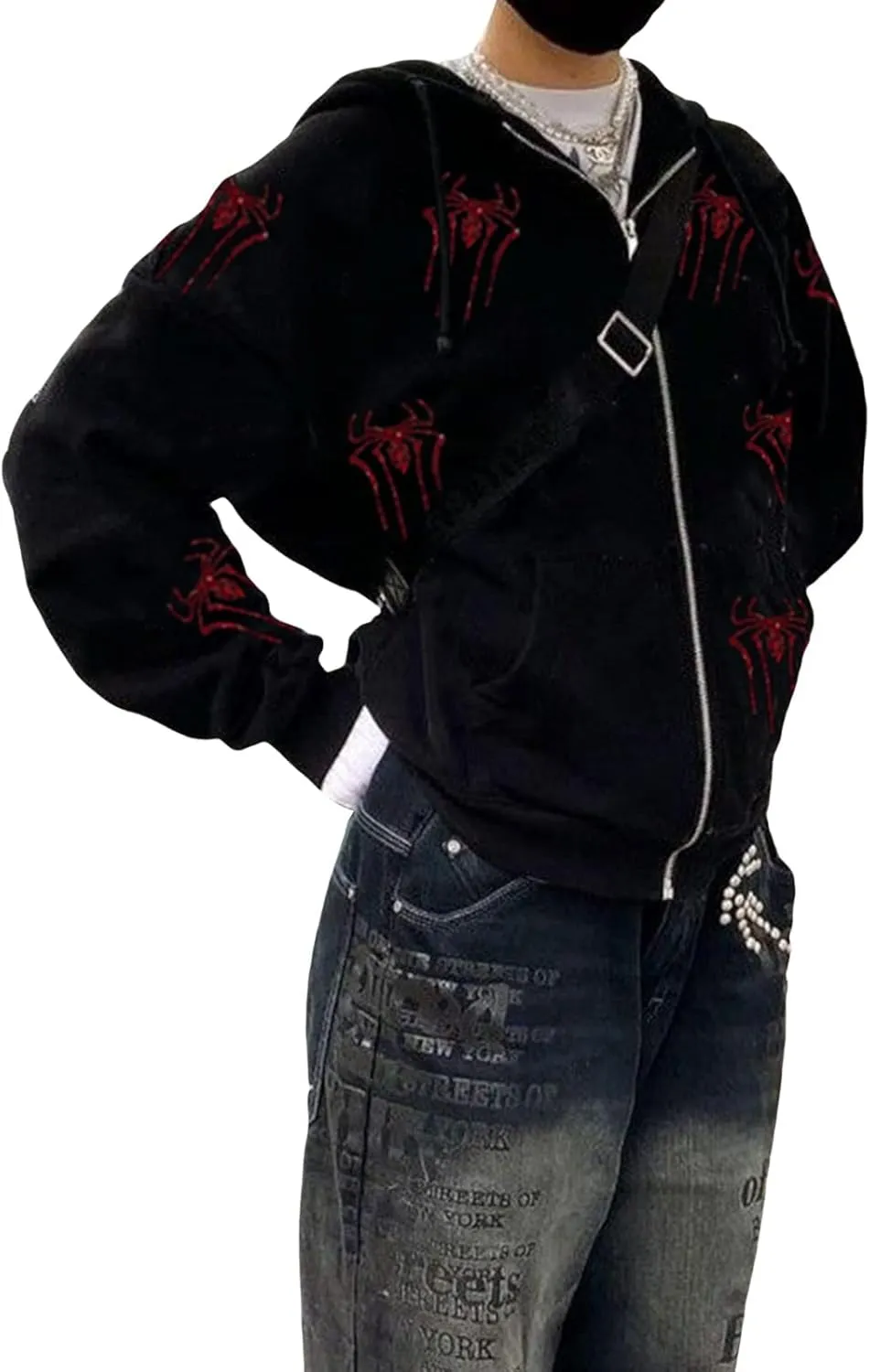 Women Y2K Spider Web Hoodies Punk Jackets Streetwear Goth Harajuku Oversized Vintage Graphic Full Zip Up Hoodie
