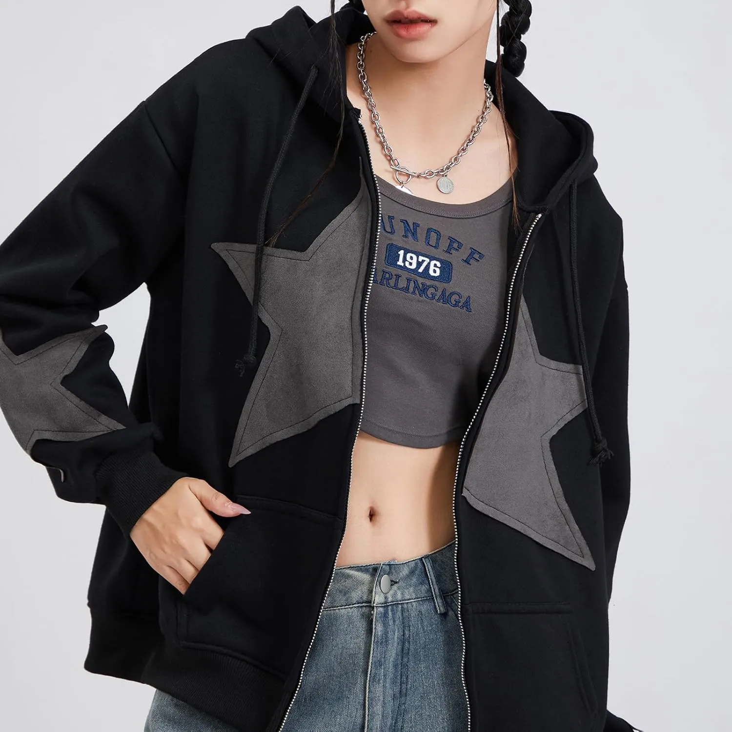 Women Y2k Zip Up Hoodie Vintage Star Graphic Fall Coat Long Sleeve Oversized Hooded Sweatshirt Harajuku Aesthetic Jackets