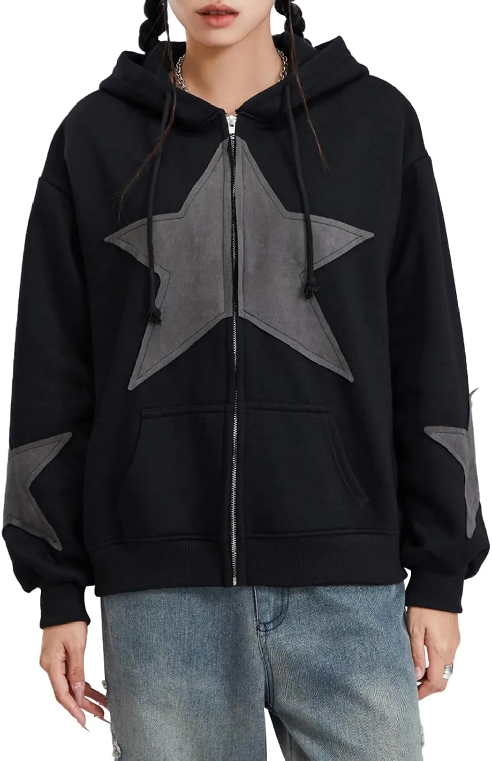 Women Y2k Zip Up Hoodie Vintage Star Graphic Fall Coat Long Sleeve Oversized Hooded Sweatshirt Harajuku Aesthetic Jackets