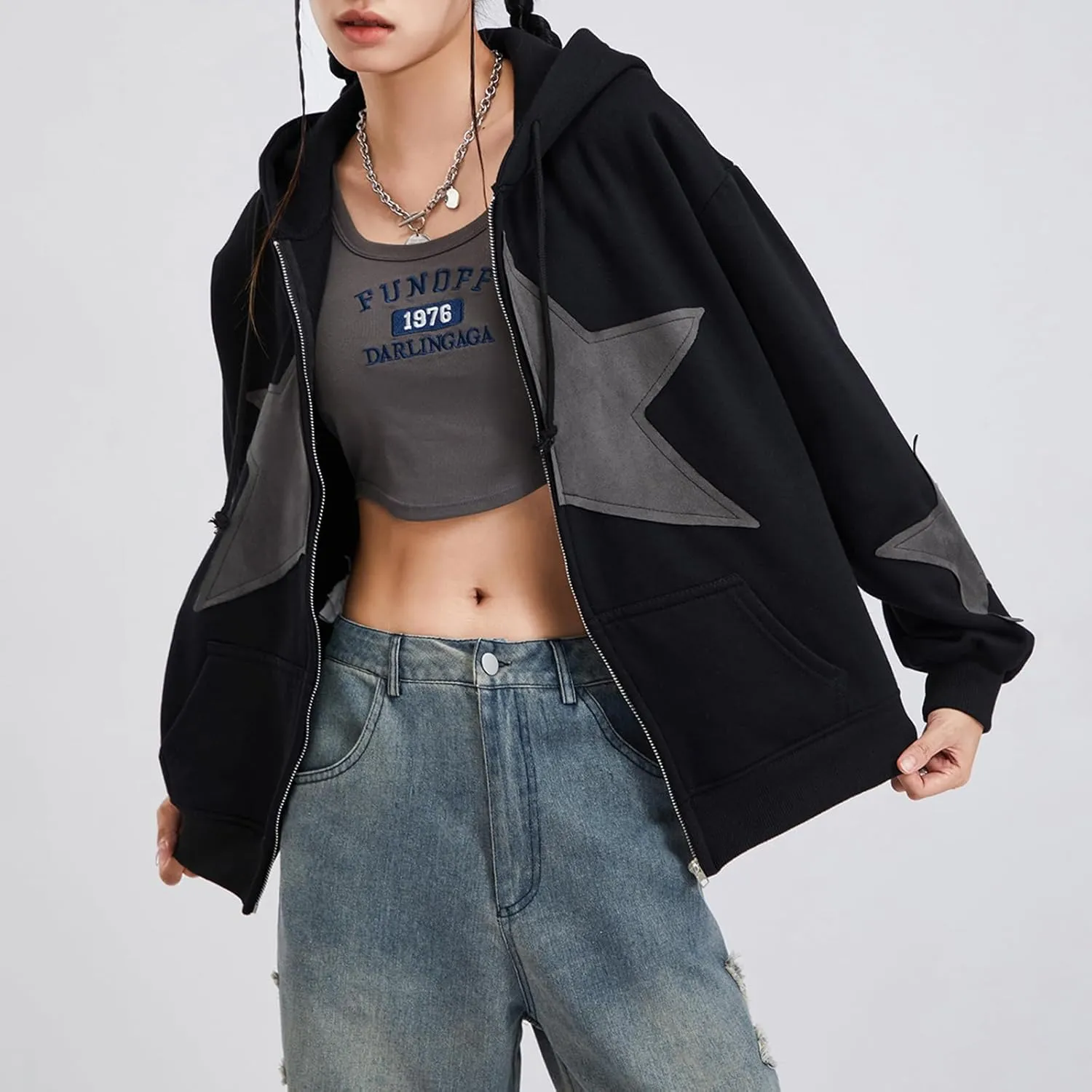 Women Y2k Zip Up Hoodie Vintage Star Graphic Fall Coat Long Sleeve Oversized Hooded Sweatshirt Harajuku Aesthetic Jackets