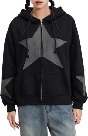 Women Y2k Zip Up Hoodie Vintage Star Graphic Fall Coat Long Sleeve Oversized Hooded Sweatshirt Harajuku Aesthetic Jackets