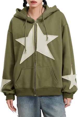 Women Y2k Zip Up Hoodie Vintage Star Graphic Fall Coat Long Sleeve Oversized Hooded Sweatshirt Harajuku Aesthetic Jackets