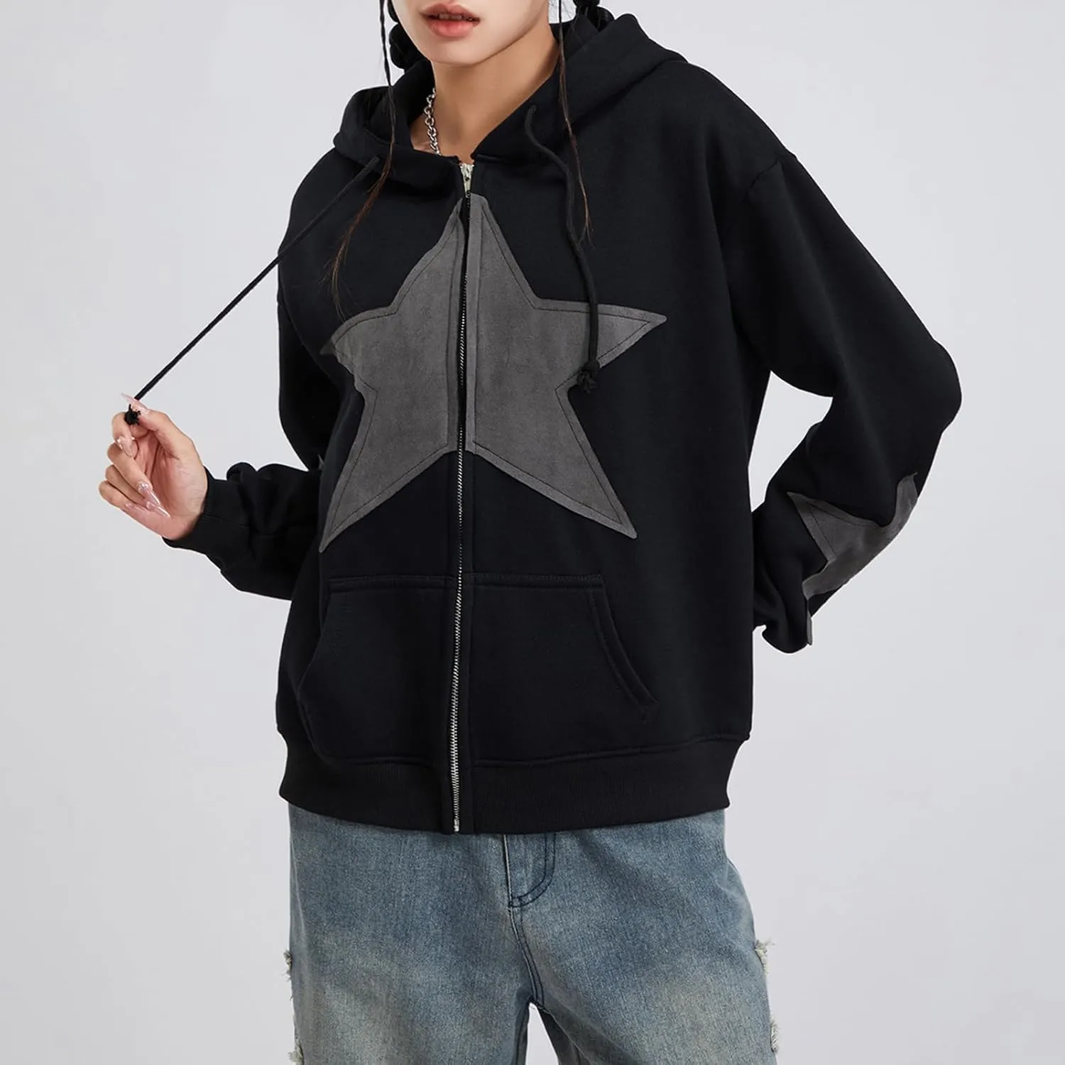 Women Y2k Zip Up Hoodie Vintage Star Graphic Fall Coat Long Sleeve Oversized Hooded Sweatshirt Harajuku Aesthetic Jackets
