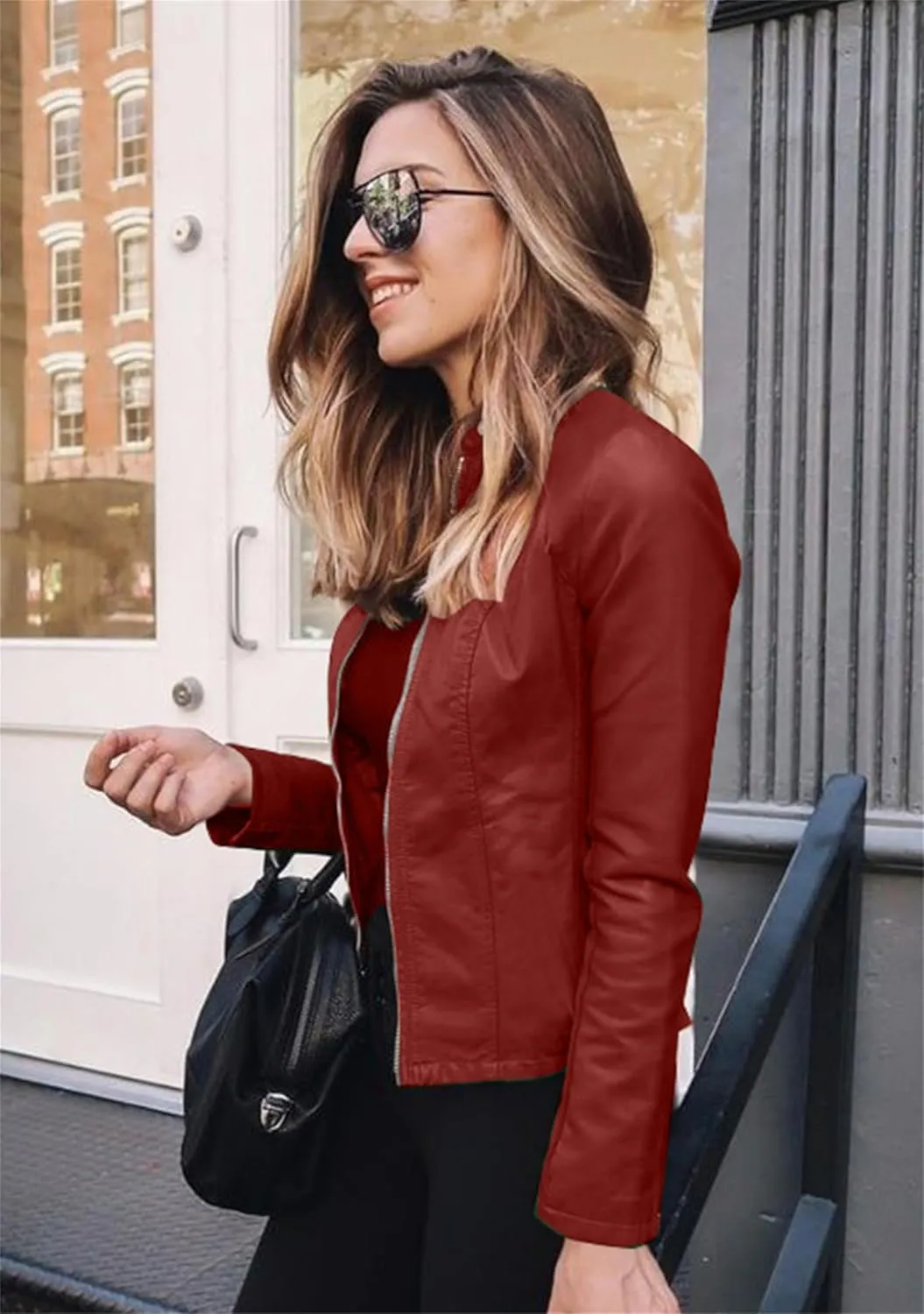 Women Zip Up Long Sleeve Outwear Motorcycle Solid Color Short Coat Long Sleeve Cropped Jacket