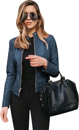 Women Zip Up Long Sleeve Outwear Motorcycle Solid Color Short Coat Long Sleeve Cropped Jacket