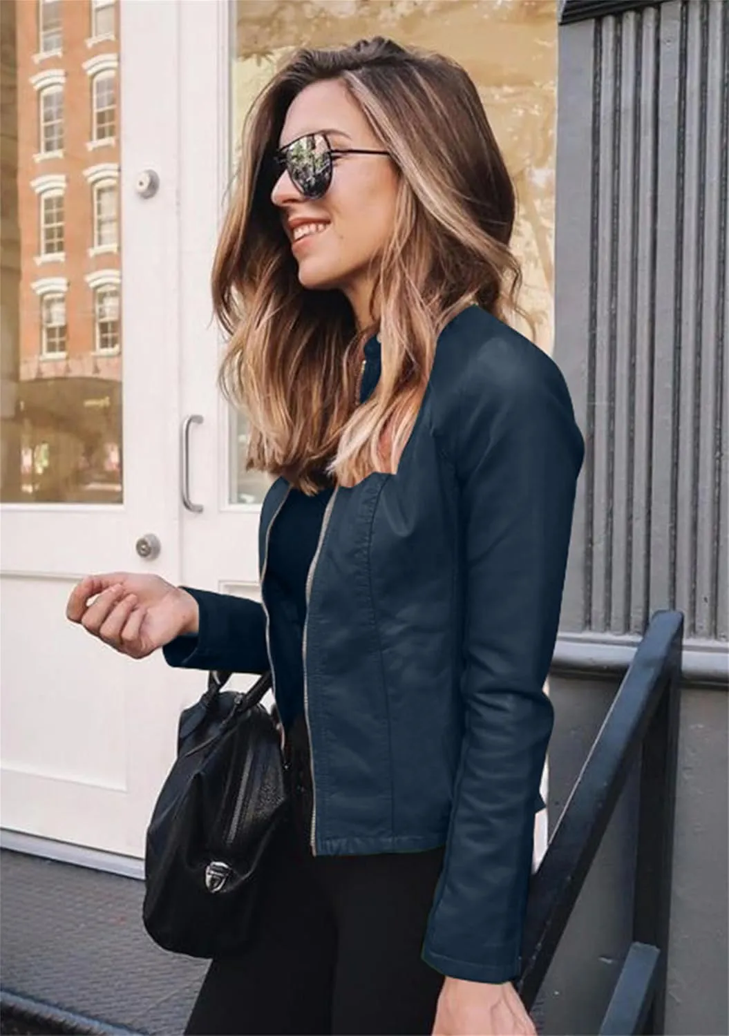 Women Zip Up Long Sleeve Outwear Motorcycle Solid Color Short Coat Long Sleeve Cropped Jacket
