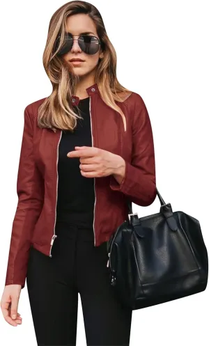 Women Zip Up Long Sleeve Outwear Motorcycle Solid Color Short Coat Long Sleeve Cropped Jacket