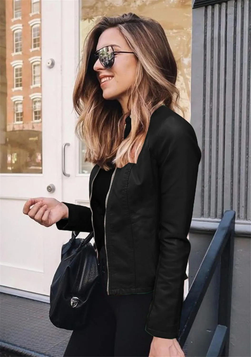 Women Zip Up Long Sleeve Outwear Motorcycle Solid Color Short Coat Long Sleeve Cropped Jacket
