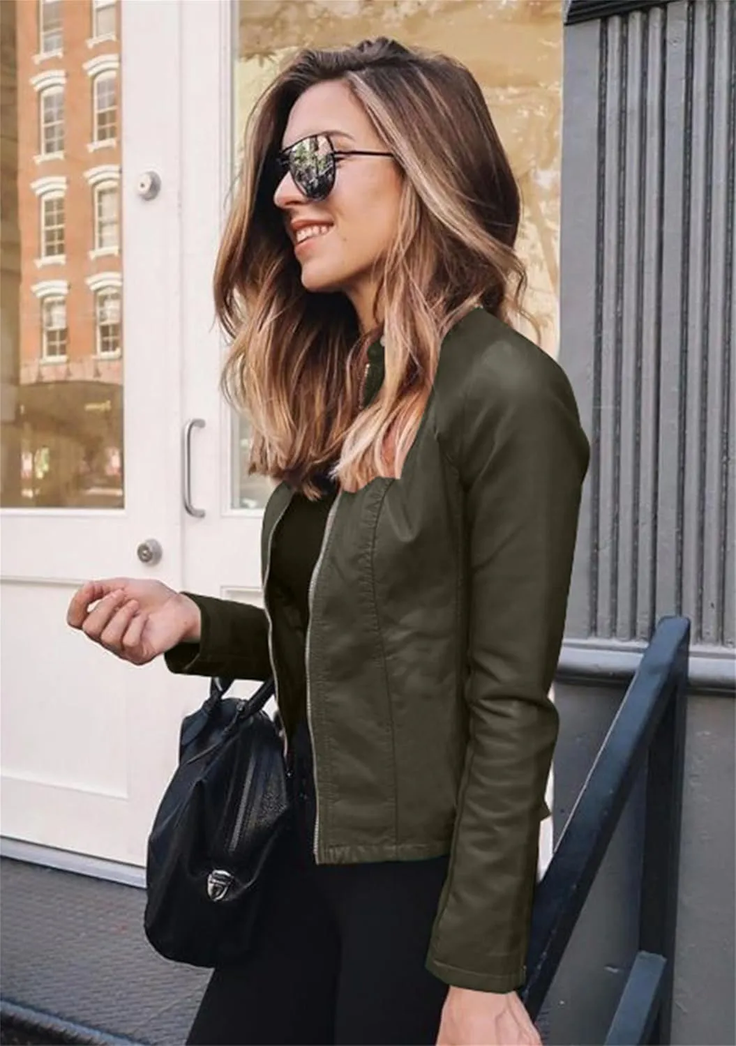 Women Zip Up Long Sleeve Outwear Motorcycle Solid Color Short Coat Long Sleeve Cropped Jacket