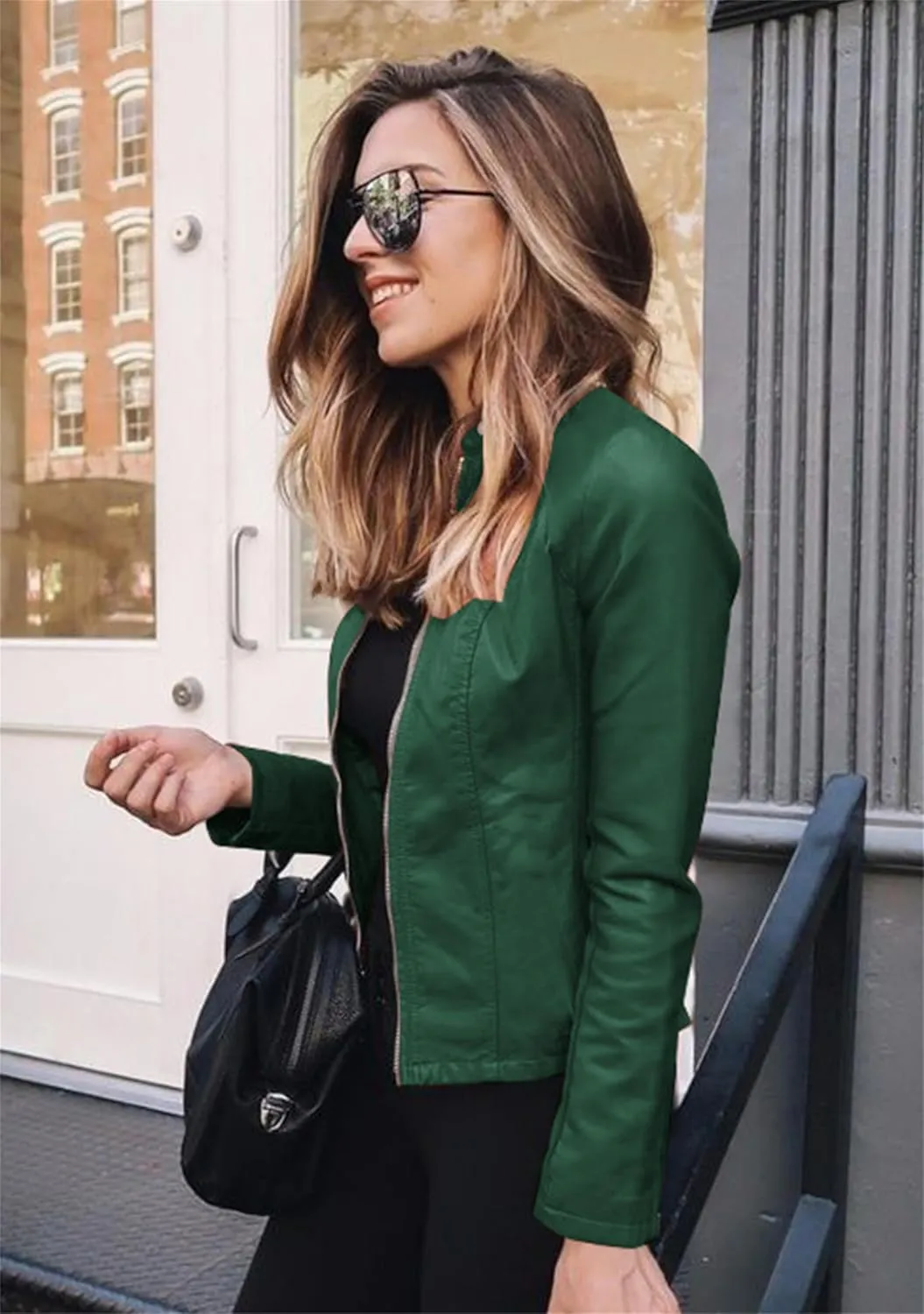 Women Zip Up Long Sleeve Outwear Motorcycle Solid Color Short Coat Long Sleeve Cropped Jacket