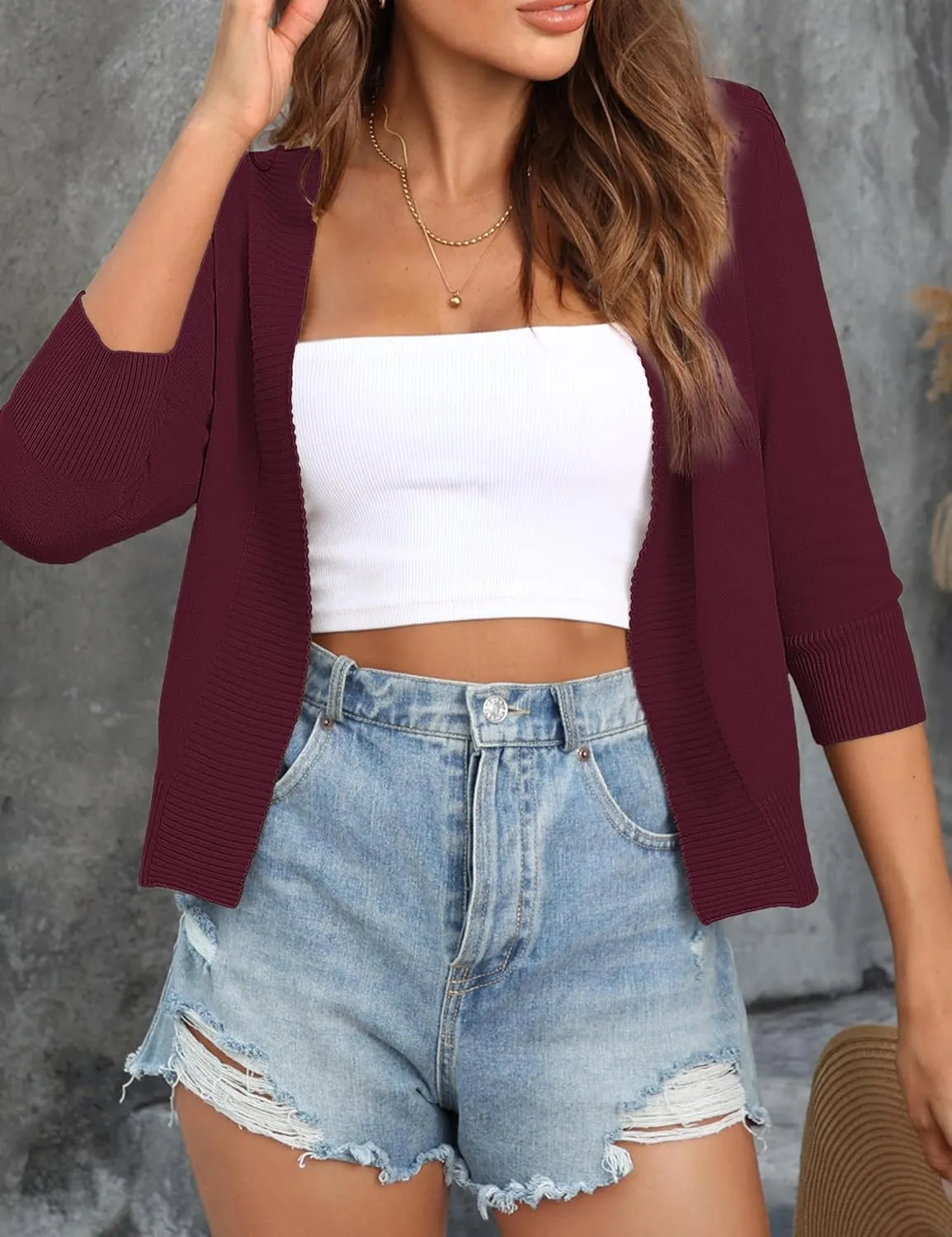 Women's 3/4 Sleeve Open Front Cropped Cardigan Sweaters Bolero Shrugs for Women S-XL