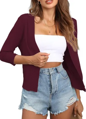 Women's 3/4 Sleeve Open Front Cropped Cardigan Sweaters Bolero Shrugs for Women S-XL