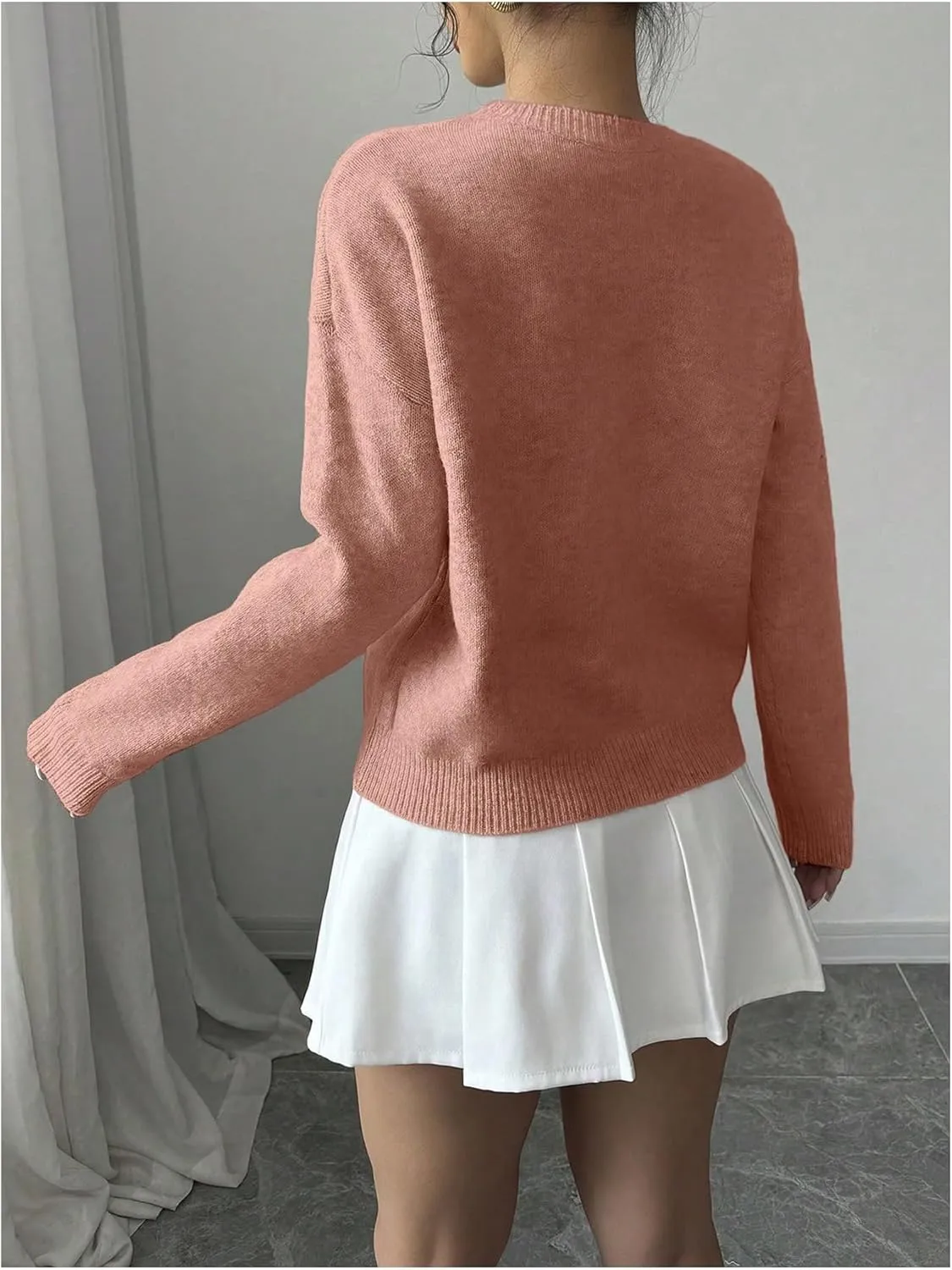 Women's 3D Floral Appliques Crewneck Sweaters Long Sleeve Drop Shoulder Pullovers Elegant Knit Tops