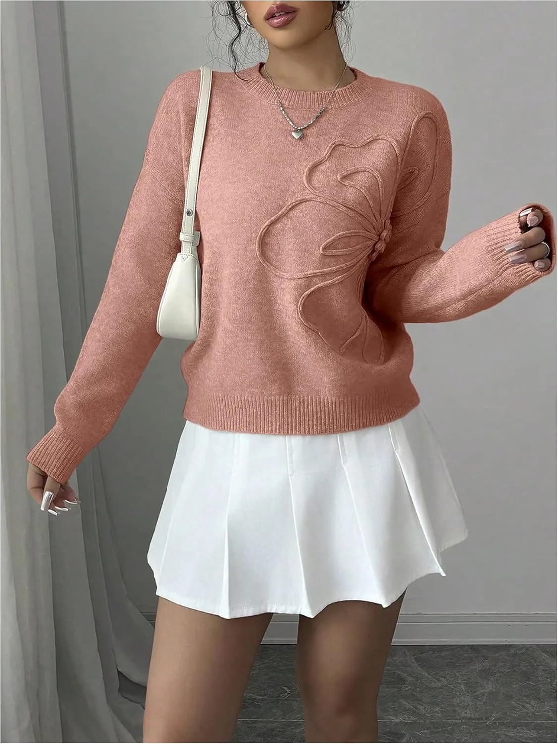 Women's 3D Floral Appliques Crewneck Sweaters Long Sleeve Drop Shoulder Pullovers Elegant Knit Tops