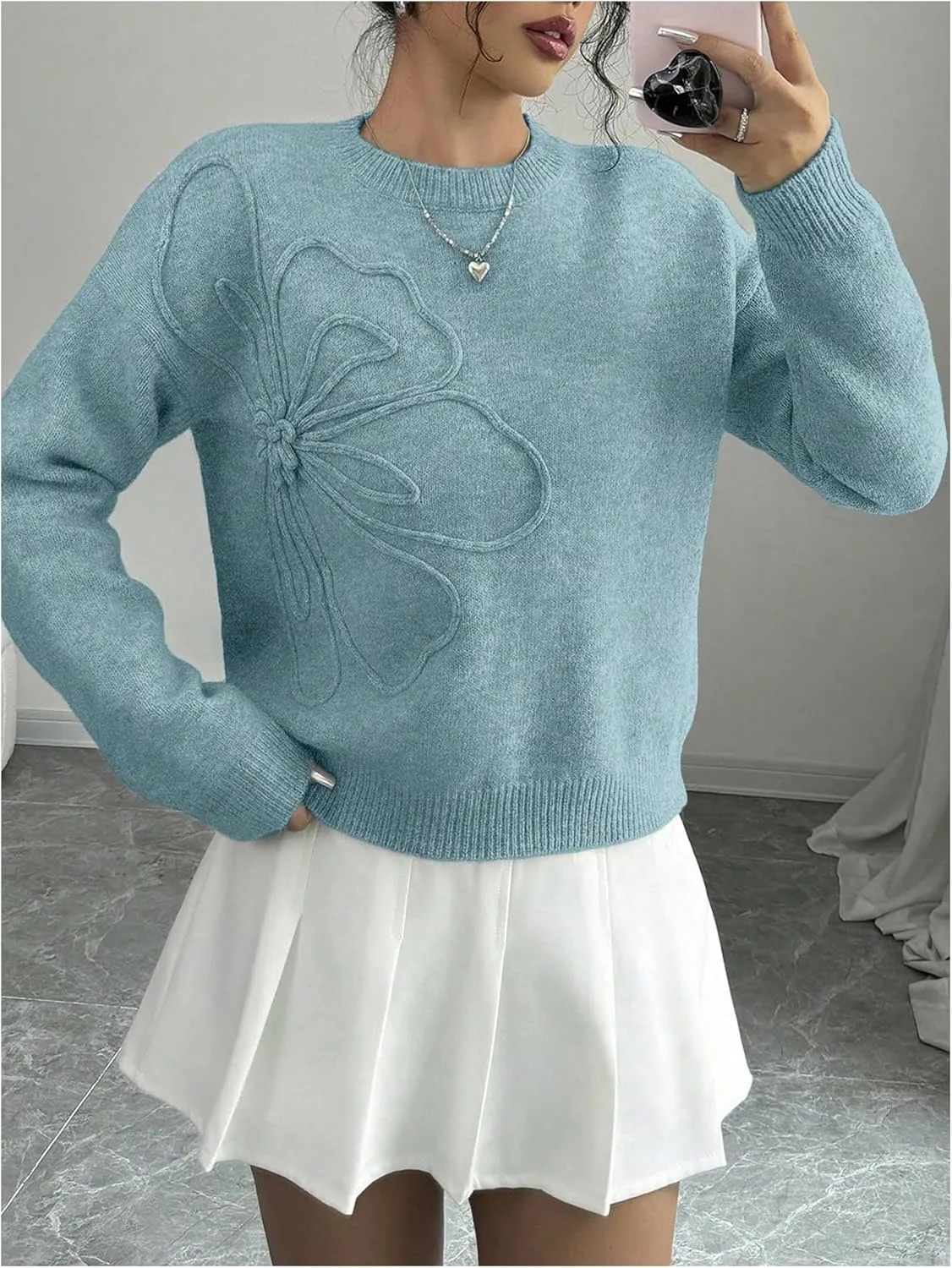 Women's 3D Floral Appliques Crewneck Sweaters Long Sleeve Drop Shoulder Pullovers Elegant Knit Tops
