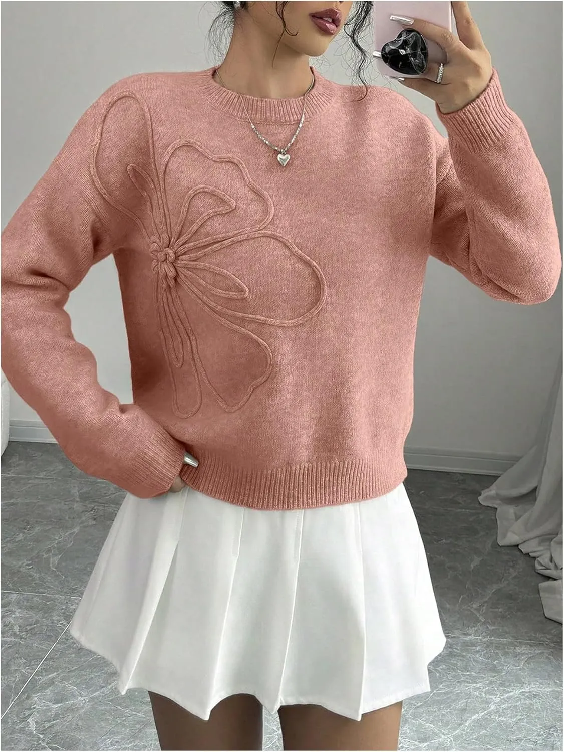 Women's 3D Floral Appliques Crewneck Sweaters Long Sleeve Drop Shoulder Pullovers Elegant Knit Tops