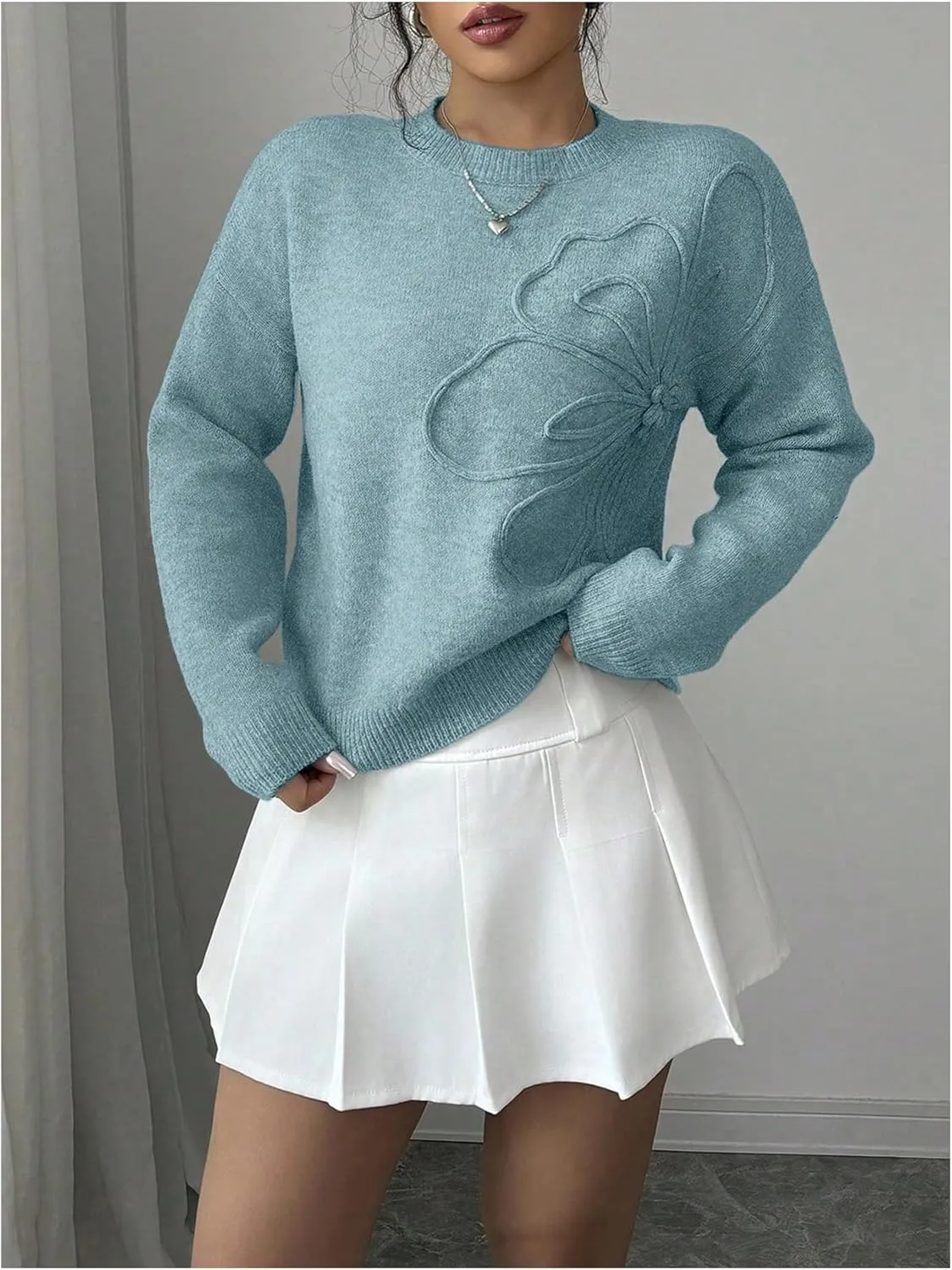 Women's 3D Floral Appliques Crewneck Sweaters Long Sleeve Drop Shoulder Pullovers Elegant Knit Tops