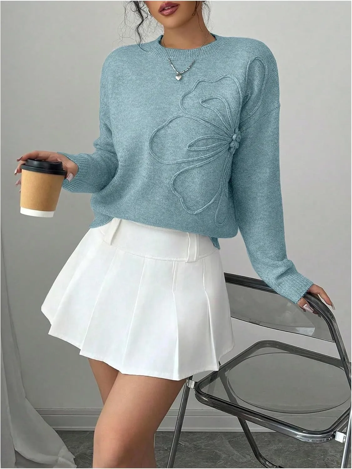 Women's 3D Floral Appliques Crewneck Sweaters Long Sleeve Drop Shoulder Pullovers Elegant Knit Tops