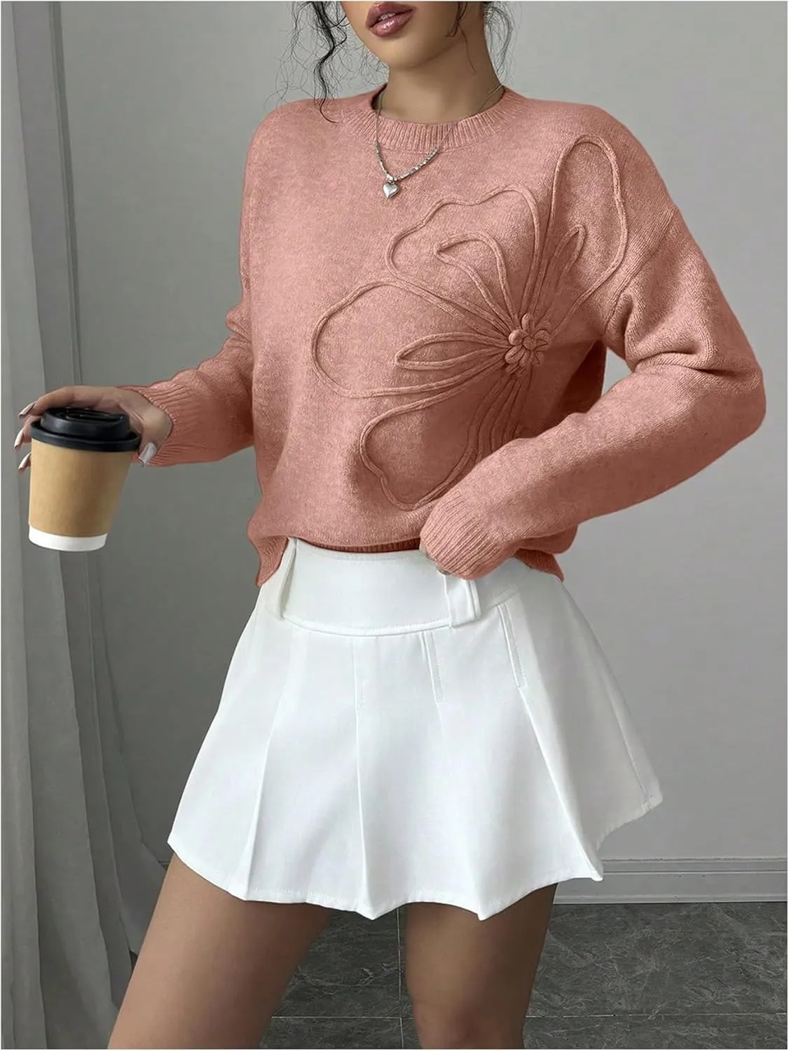 Women's 3D Floral Appliques Crewneck Sweaters Long Sleeve Drop Shoulder Pullovers Elegant Knit Tops