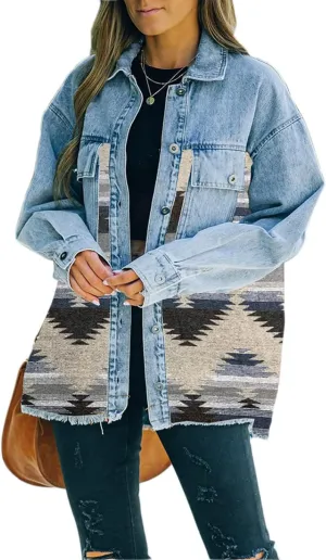Women's Aztec Shacket Distressed Lapel Long Sleeve Button Down Jean Denim Jacket Coat