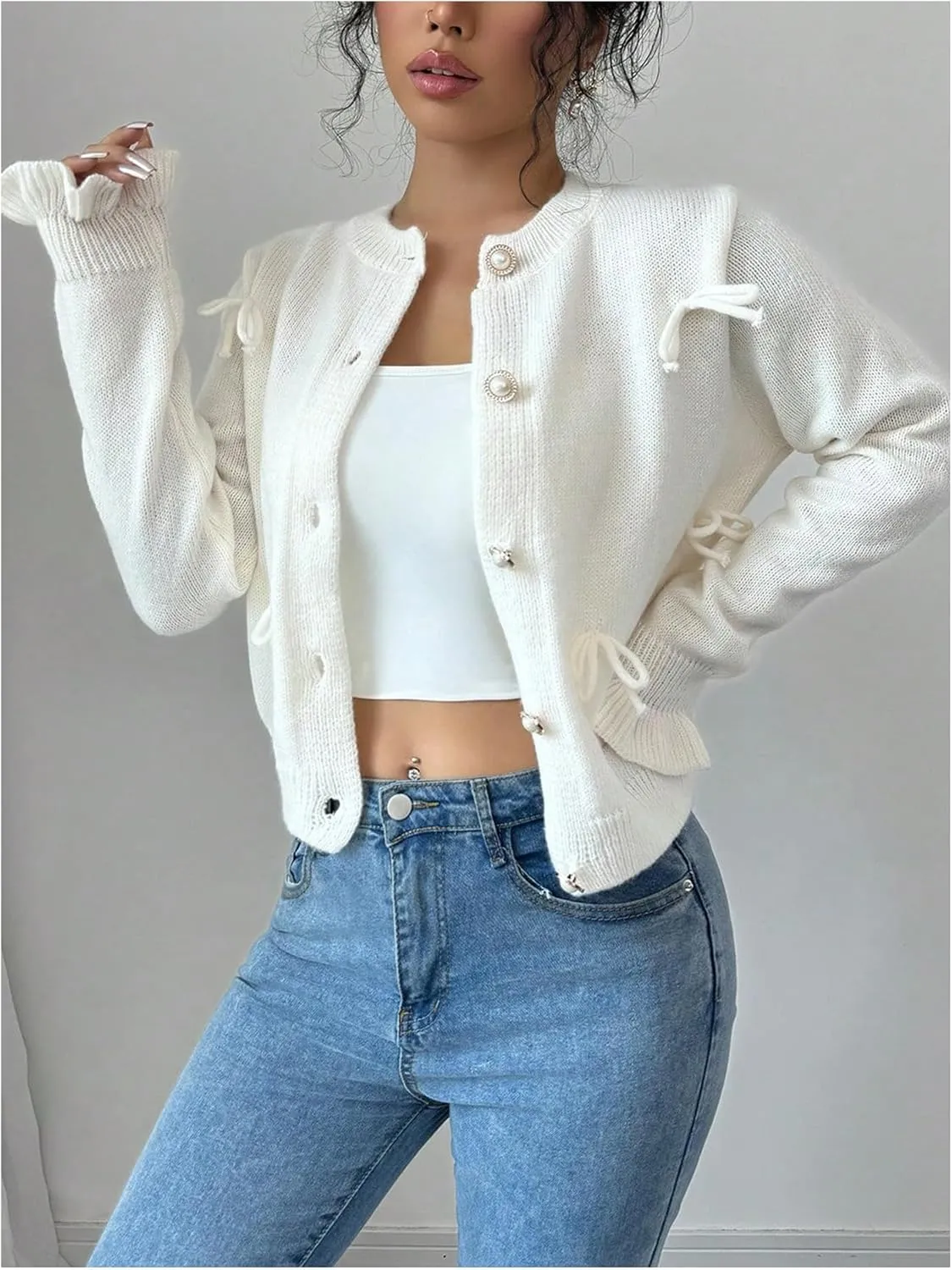Women's Button Down Bowknot Cardigan Ruffle Long Sleeve Crewneck Knitted Sweaters Elegant Outerwear