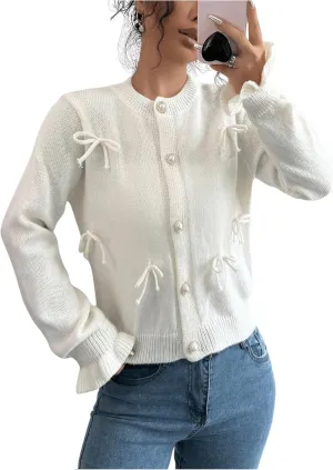 Women's Button Down Bowknot Cardigan Ruffle Long Sleeve Crewneck Knitted Sweaters Elegant Outerwear