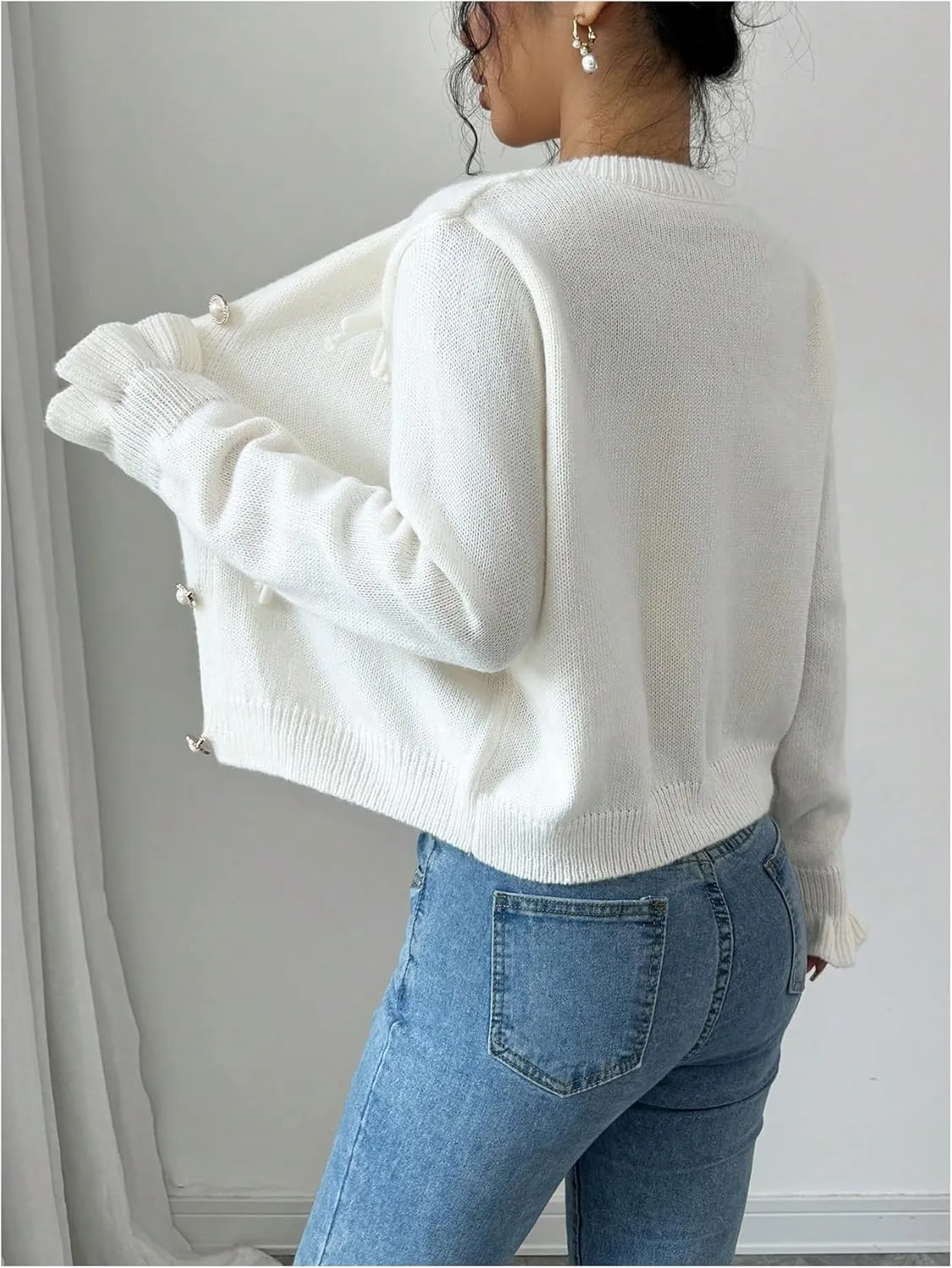 Women's Button Down Bowknot Cardigan Ruffle Long Sleeve Crewneck Knitted Sweaters Elegant Outerwear