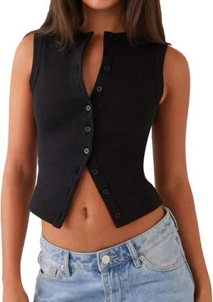 Women's Button Down Tank Tops Solid Ribbed Vest Sleeveless Slim Fit Cropped Cardigan Summer Going Out Tops