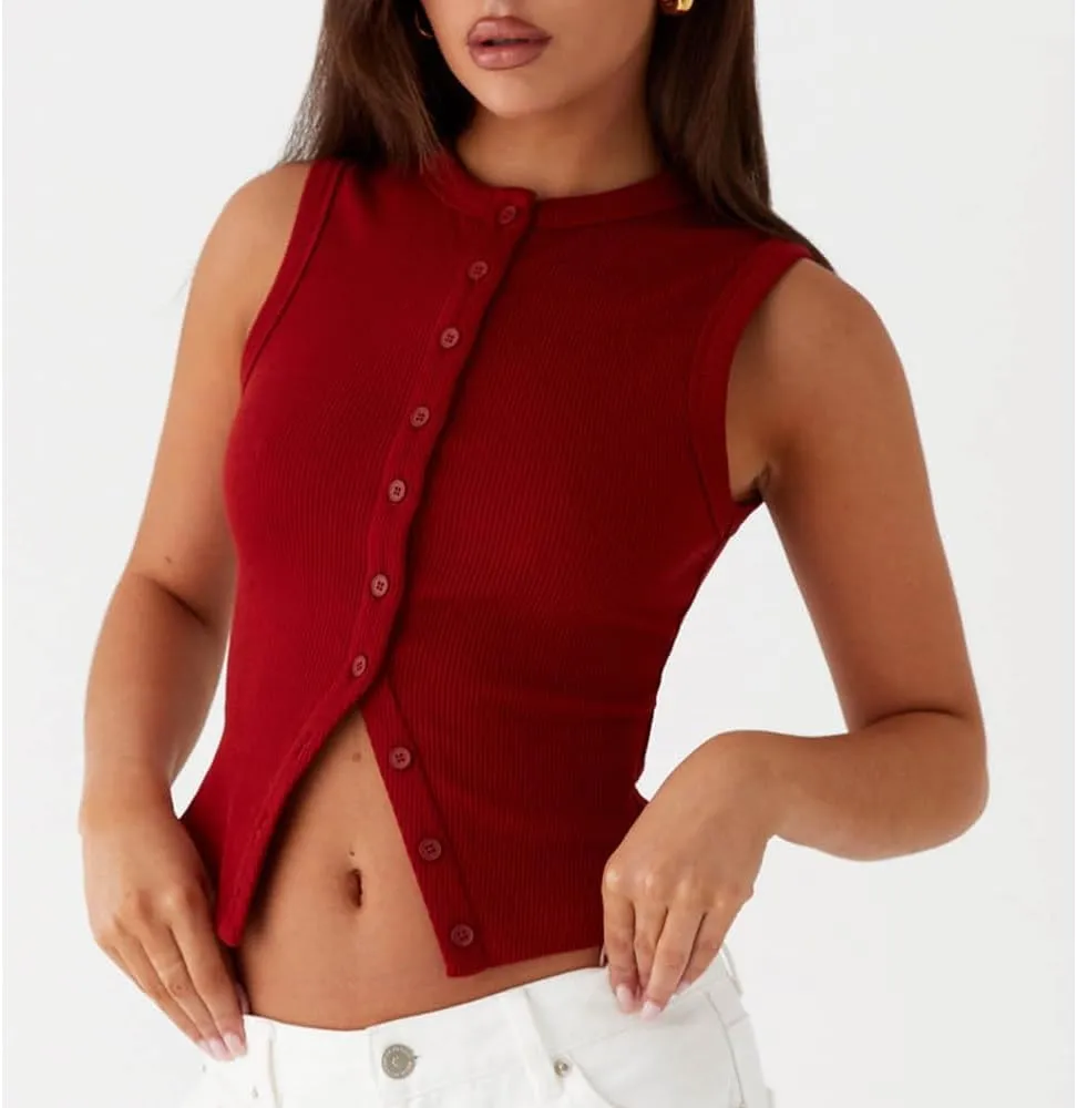 Women's Button Down Tank Tops Solid Ribbed Vest Sleeveless Slim Fit Cropped Cardigan Summer Going Out Tops