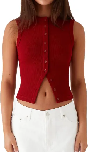 Women's Button Down Tank Tops Solid Ribbed Vest Sleeveless Slim Fit Cropped Cardigan Summer Going Out Tops