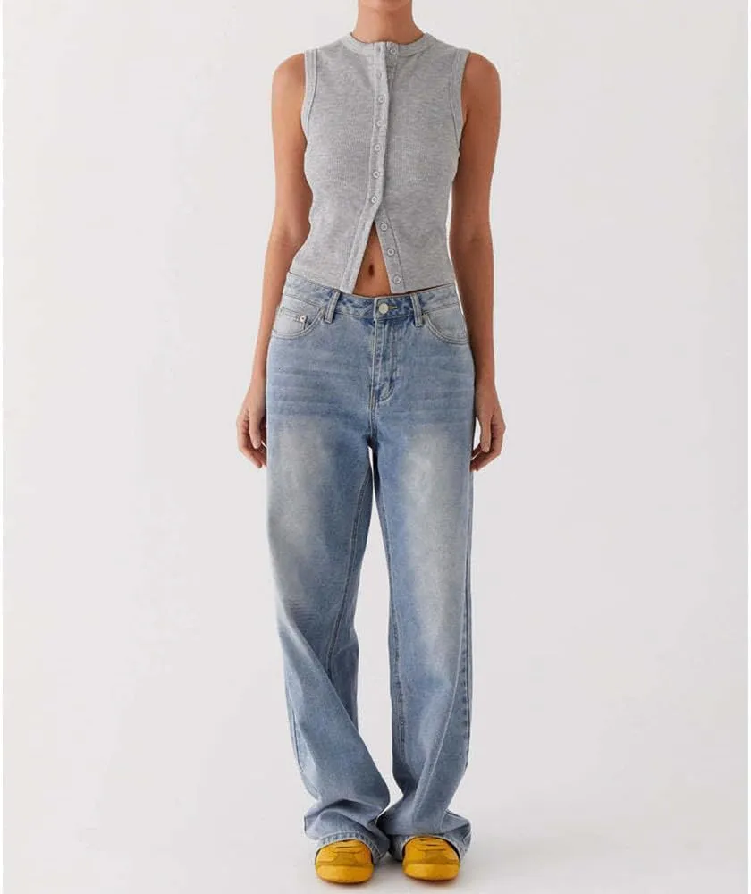 Women's Button Down Tank Tops Solid Ribbed Vest Sleeveless Slim Fit Cropped Cardigan Summer Going Out Tops