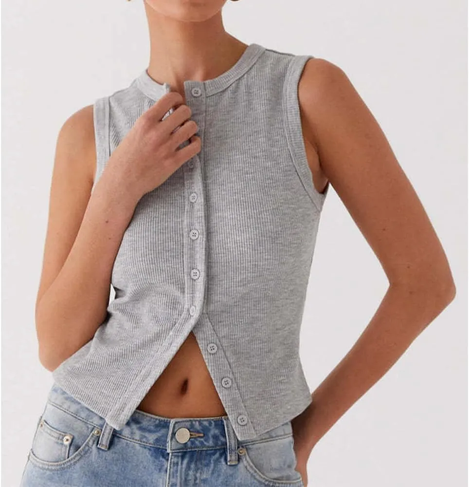 Women's Button Down Tank Tops Solid Ribbed Vest Sleeveless Slim Fit Cropped Cardigan Summer Going Out Tops