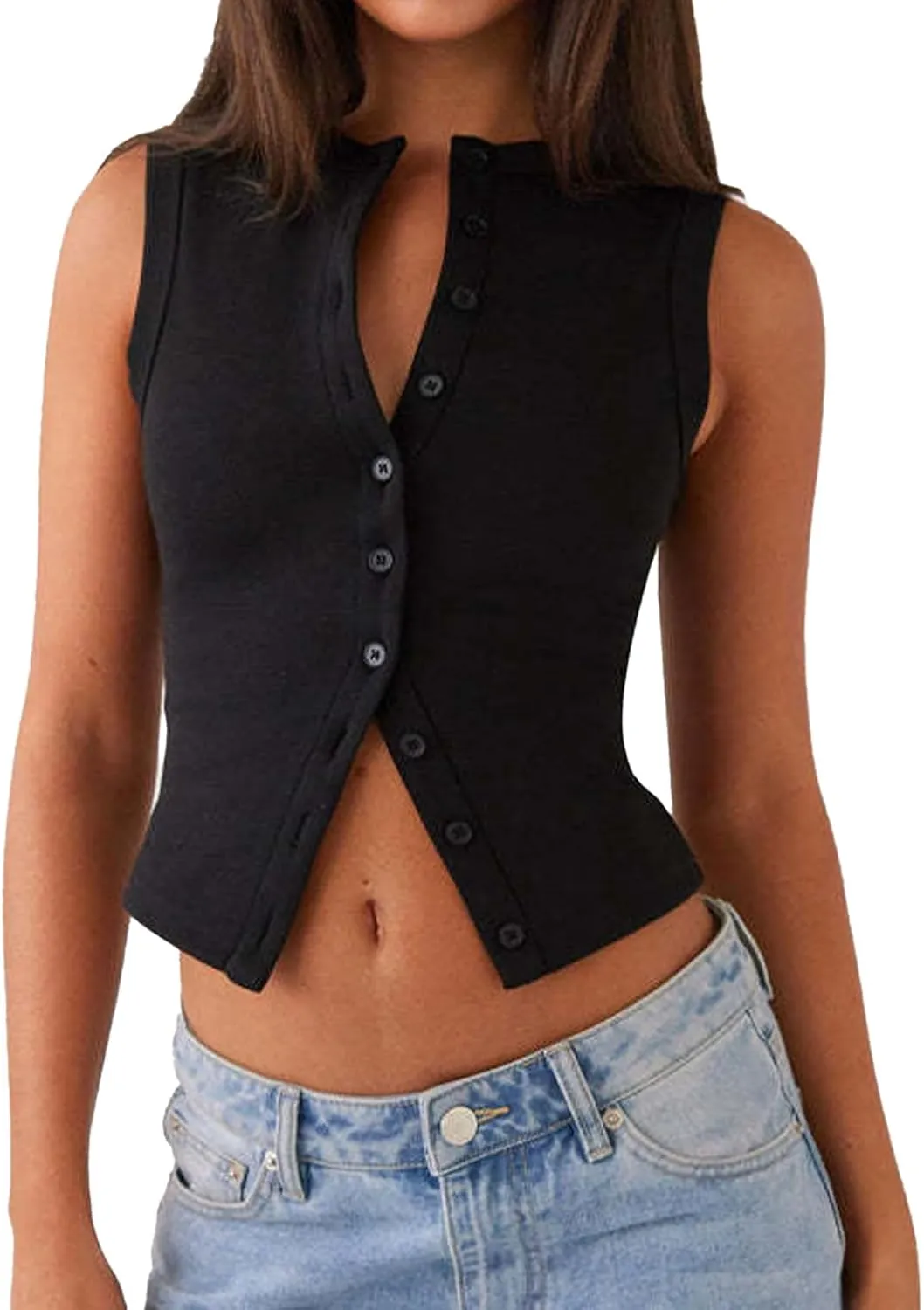 Women's Button Down Tank Tops Solid Ribbed Vest Sleeveless Slim Fit Cropped Cardigan Summer Going Out Tops
