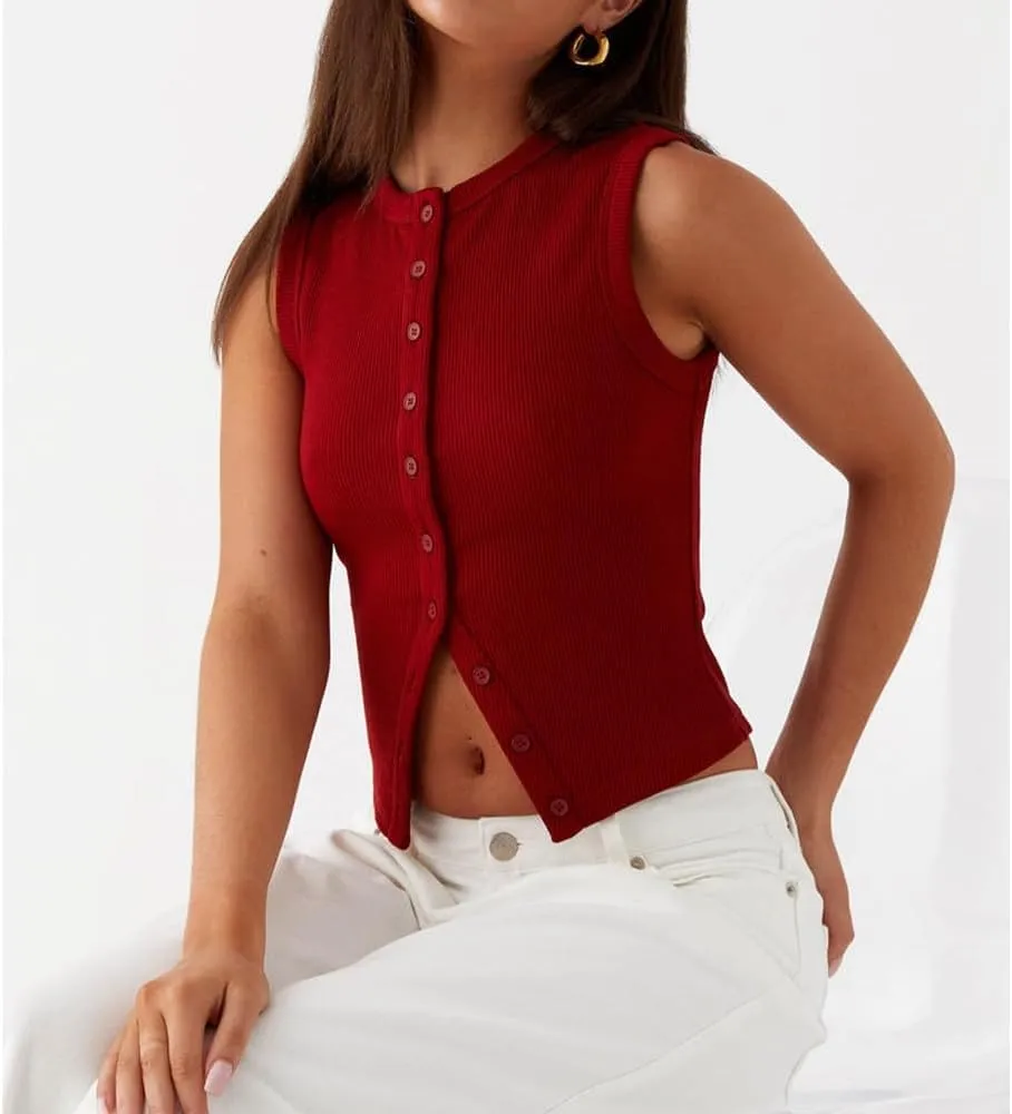 Women's Button Down Tank Tops Solid Ribbed Vest Sleeveless Slim Fit Cropped Cardigan Summer Going Out Tops