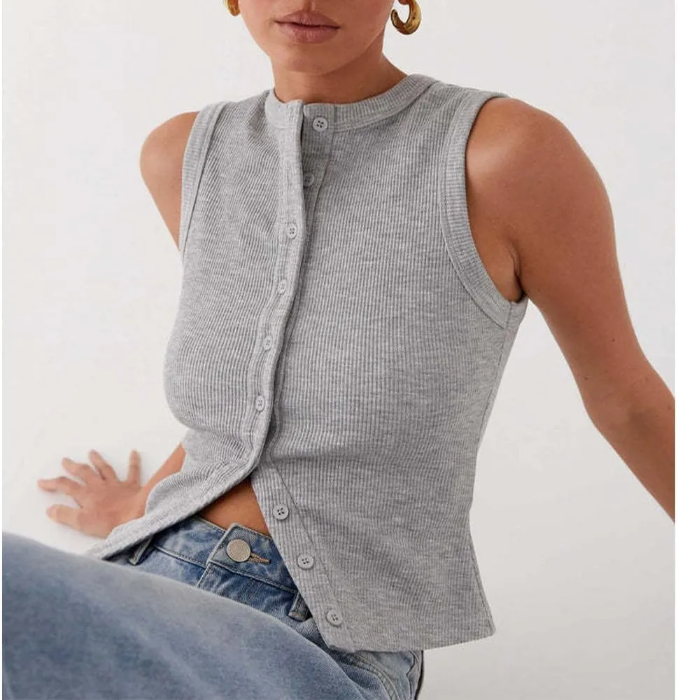 Women's Button Down Tank Tops Solid Ribbed Vest Sleeveless Slim Fit Cropped Cardigan Summer Going Out Tops