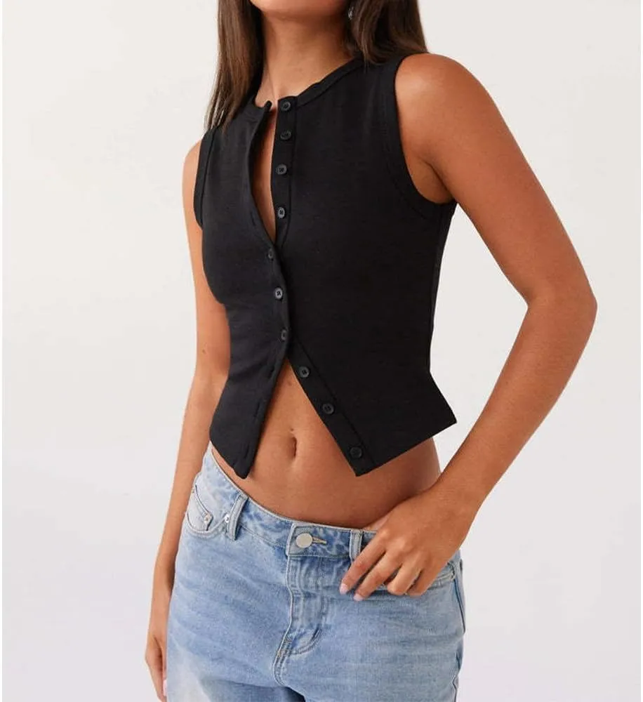Women's Button Down Tank Tops Solid Ribbed Vest Sleeveless Slim Fit Cropped Cardigan Summer Going Out Tops