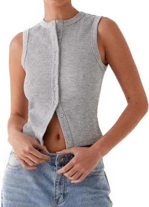 Women's Button Down Tank Tops Solid Ribbed Vest Sleeveless Slim Fit Cropped Cardigan Summer Going Out Tops