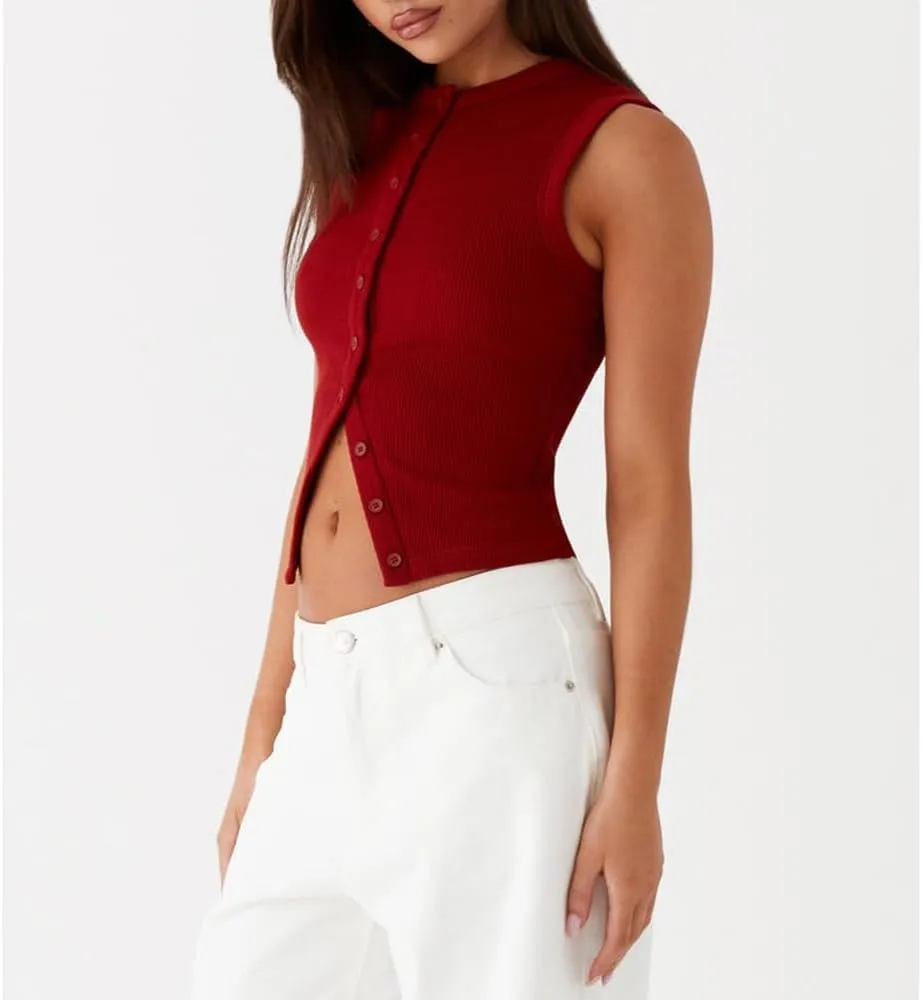 Women's Button Down Tank Tops Solid Ribbed Vest Sleeveless Slim Fit Cropped Cardigan Summer Going Out Tops
