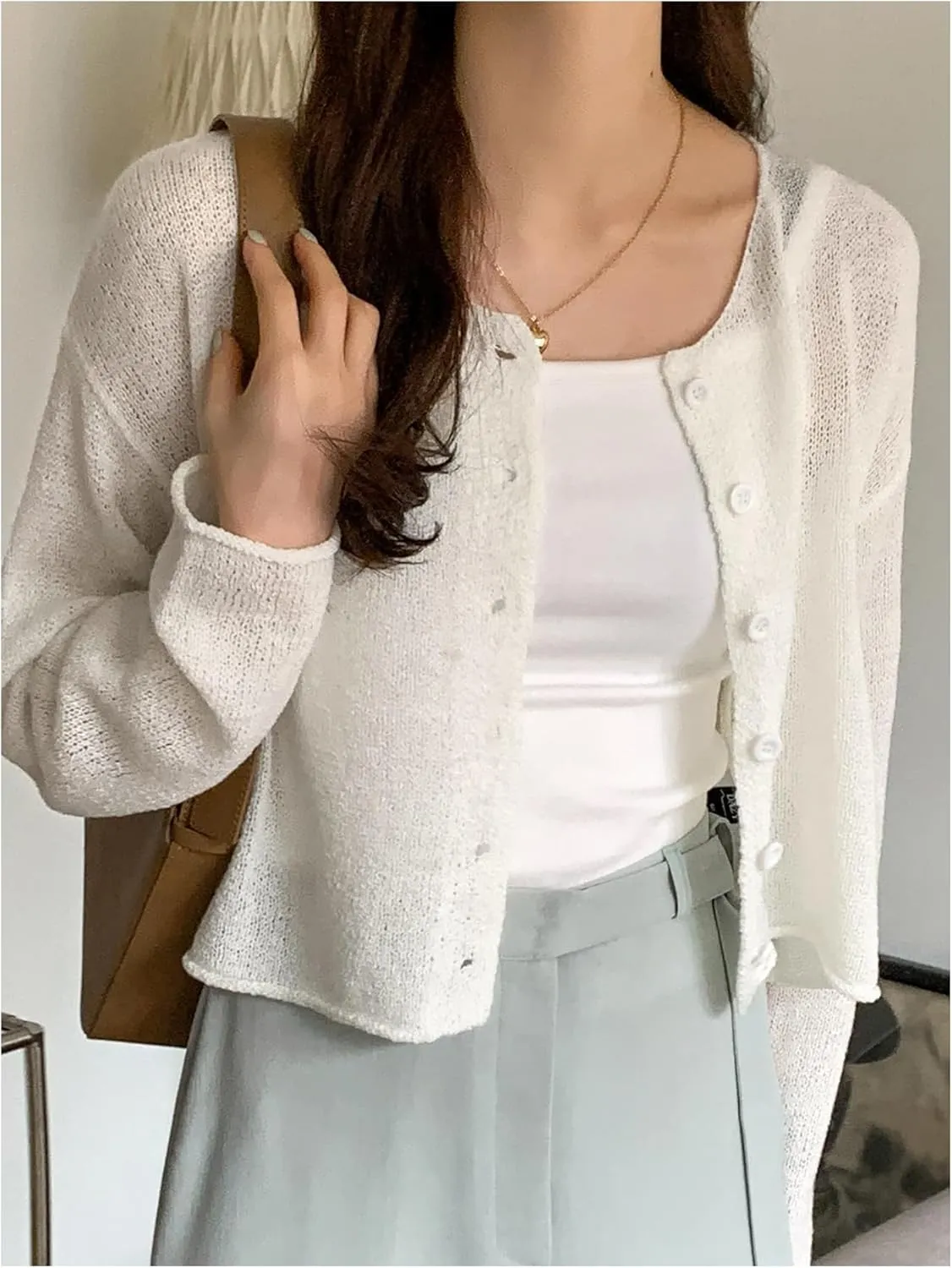 Women's Button Front See Through Cardigan Sweaters Drop Shoulder Long Sleeve Knit Shrug Sweater Bolero