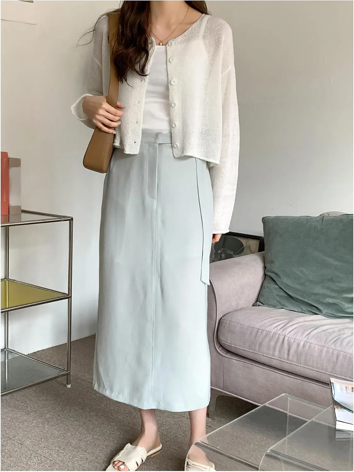 Women's Button Front See Through Cardigan Sweaters Drop Shoulder Long Sleeve Knit Shrug Sweater Bolero