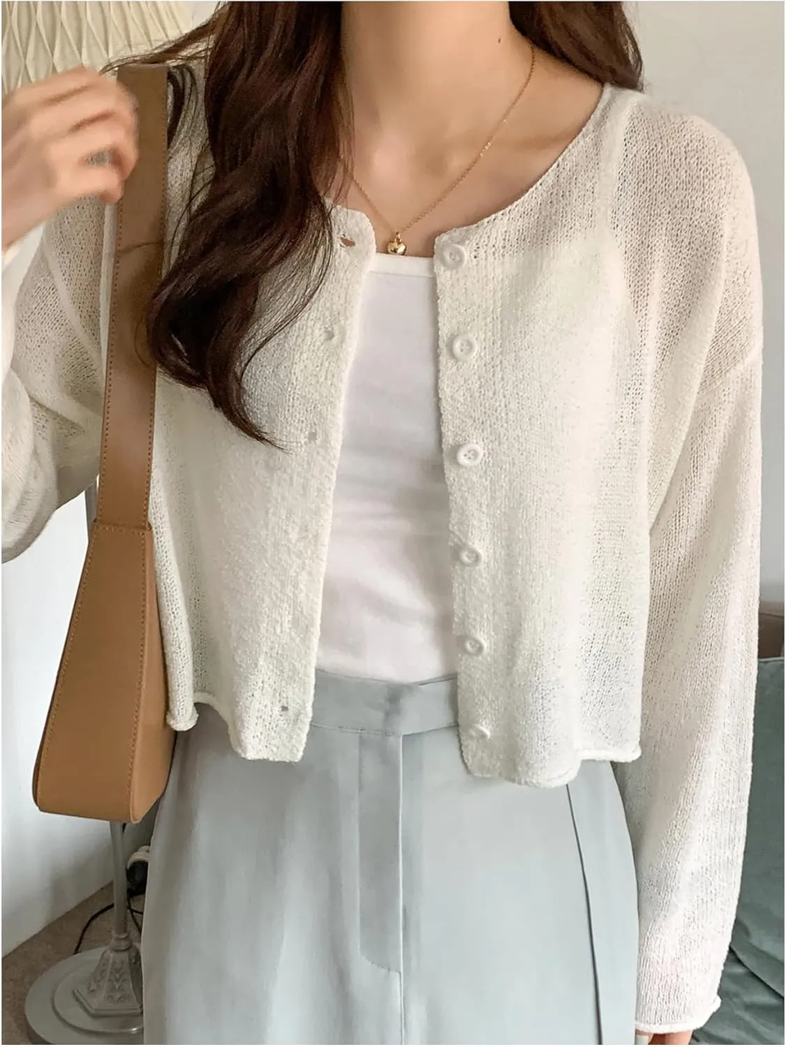 Women's Button Front See Through Cardigan Sweaters Drop Shoulder Long Sleeve Knit Shrug Sweater Bolero
