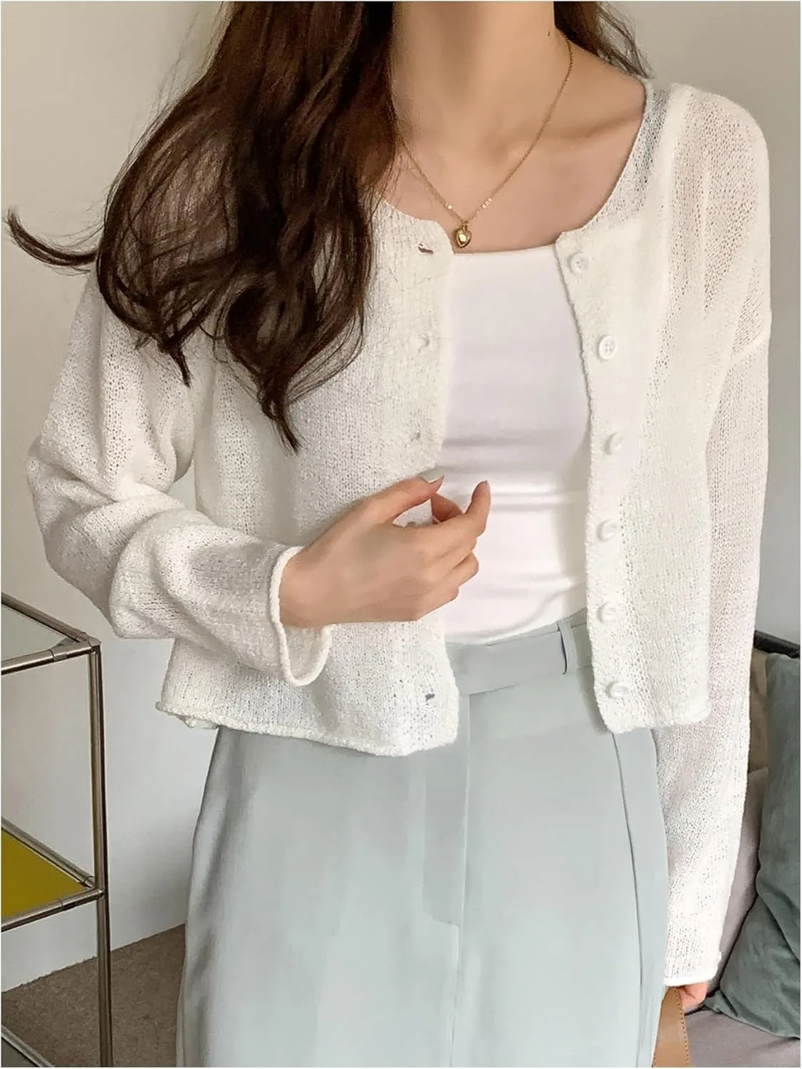 Women's Button Front See Through Cardigan Sweaters Drop Shoulder Long Sleeve Knit Shrug Sweater Bolero
