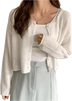 Women's Button Front See Through Cardigan Sweaters Drop Shoulder Long Sleeve Knit Shrug Sweater Bolero
