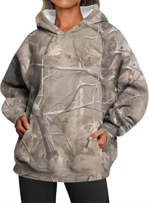 Womens Camo Sweatshirts Hoodies Long Sleeve Pullover Fleece Oversized Sweaters Casual Loose Tops with Pocket