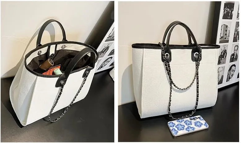 Women's Canvas Totes Chain Handbag Shoulder Crossbody Bucket Bag Beach Vacation Large Capacity Versatile Hobo Top Handle
