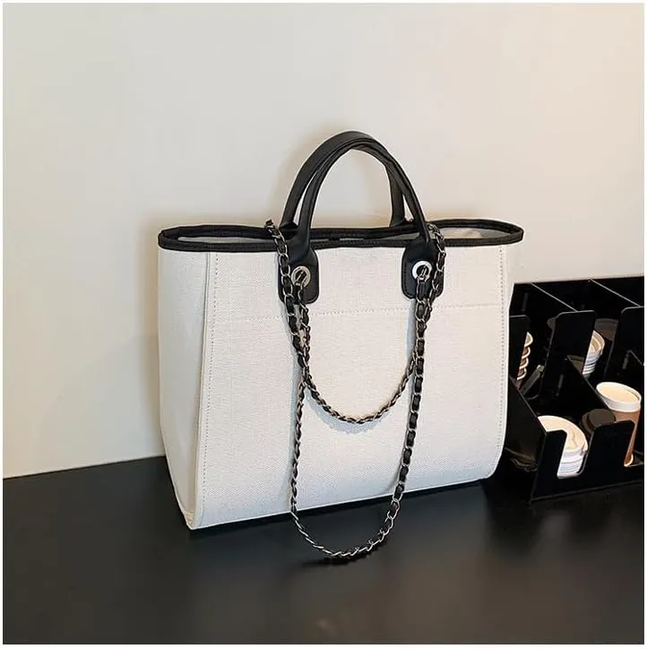 Women's Canvas Totes Chain Handbag Shoulder Crossbody Bucket Bag Beach Vacation Large Capacity Versatile Hobo Top Handle
