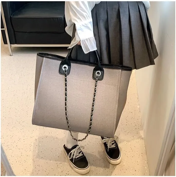 Women's Canvas Totes Chain Handbag Shoulder Crossbody Bucket Bag Beach Vacation Large Capacity Versatile Hobo Top Handle