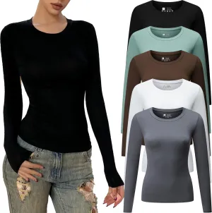 Women's Casual Basic Crop Tops Y2K Slim Fit Long Sleeve Crew Neck Tight Fall T Shirts 5packs 2024