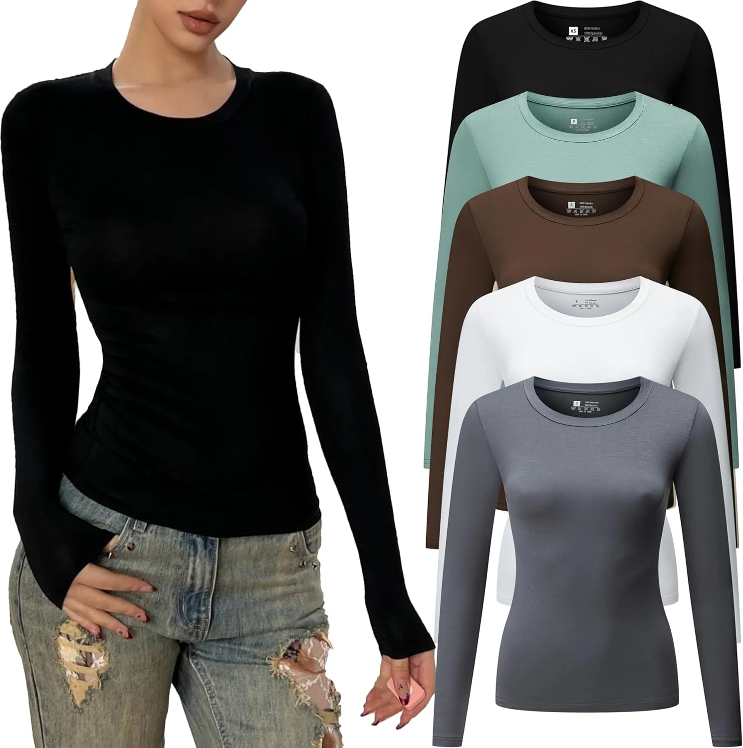 Women's Casual Basic Crop Tops Y2K Slim Fit Long Sleeve Crew Neck Tight Fall T Shirts 5packs 2024